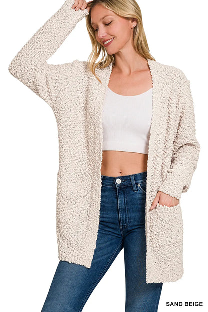 Zenana Long Sleeve Popcorn Sweater Cardigan with Pockets SAND BEIGE