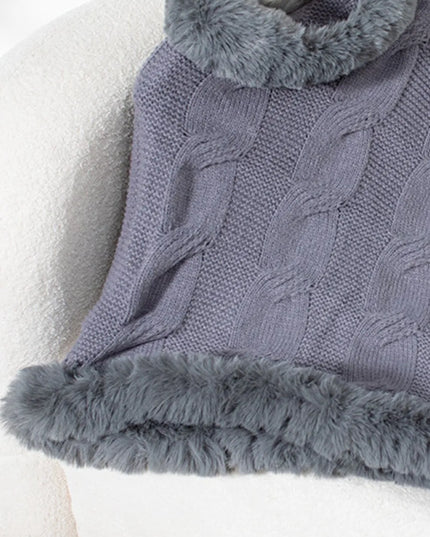Fuzzy Hem Cable-Knit Poncho