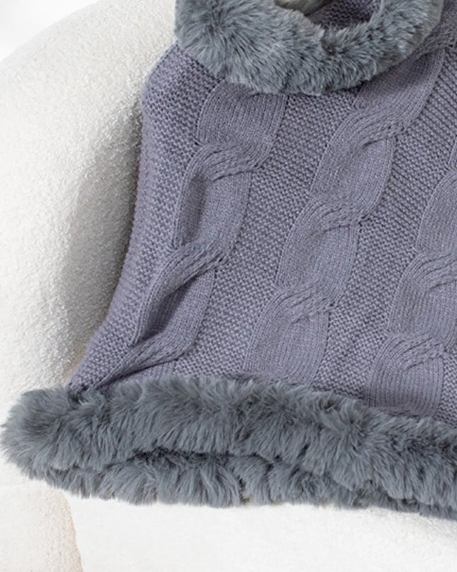 Fuzzy Hem Cable-Knit Poncho