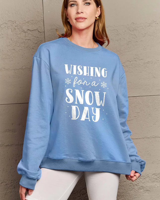 Simply Love Full Size WISHING FOR A SNOW DAY Round Neck Sweatshirt Light Blue
