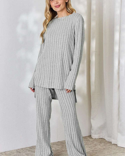 Basic Bae Full Size Ribbed High-Low Top and Wide Leg Pants Set Light Gray