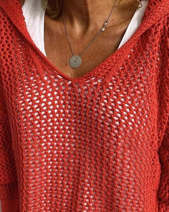 Openwork Long Sleeve Hooded Knit Cover Up