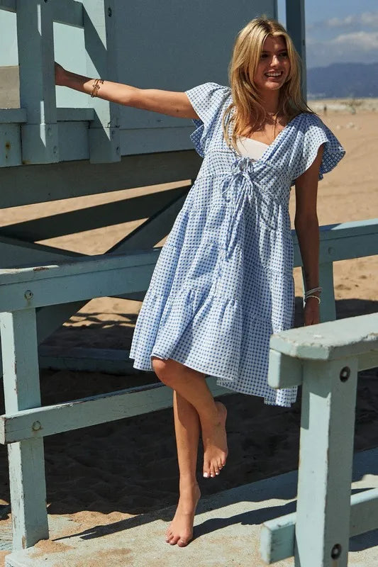 Davi & Dani Jacquard V-Neck Flutter Cap Sleeve Tiered Dress
