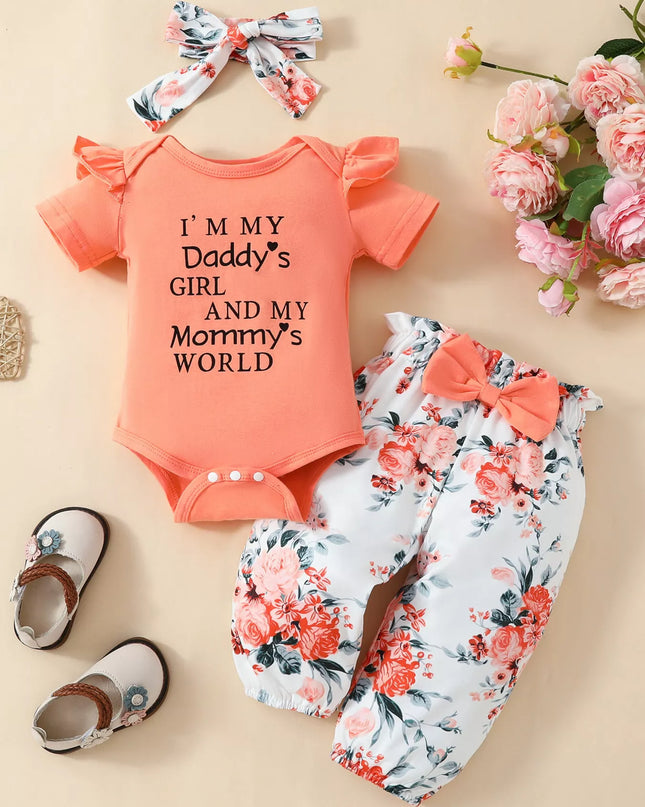 Children's Ruffled Short Sleeve Bodysuit and Pants Set with Headband Orange Red