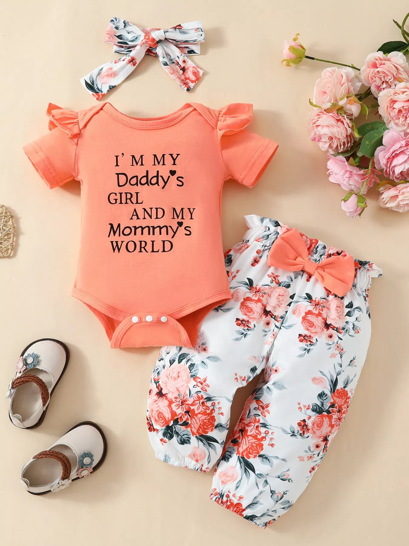 Children's Ruffled Short Sleeve Bodysuit and Pants Set with Headband Orange Red