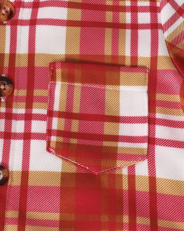 Children's Plaid Button Up Hooded Top & Pants Set