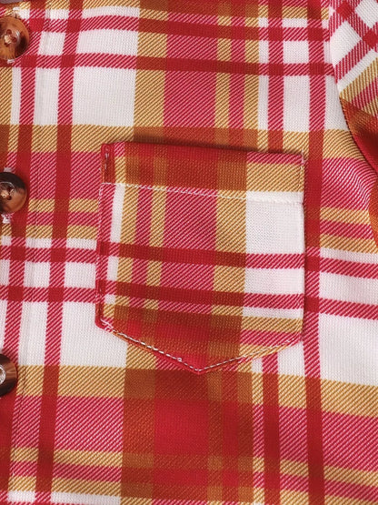 Children's Plaid Button Up Hooded Top & Pants Set