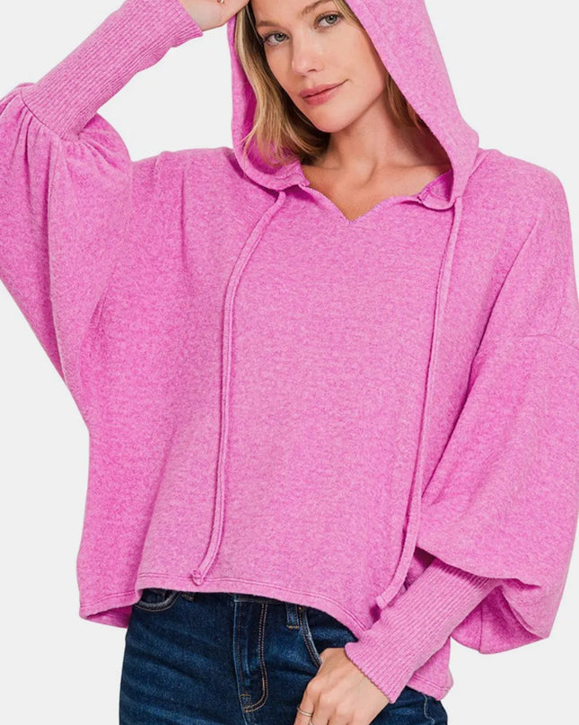 Zenana Brushed Hacci Drop Shoulder Cropped Hoodie Bright Mauve