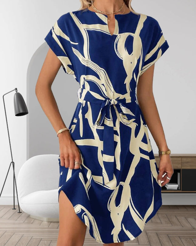 Abstract Print Belted Short Sleeve Midi Dress Blue