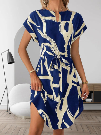 Abstract Print Belted Short Sleeve Midi Dress Blue