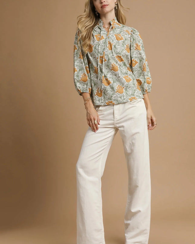 Umgee Floral Print Tie Neck 3/4 Sleeve Blouse
