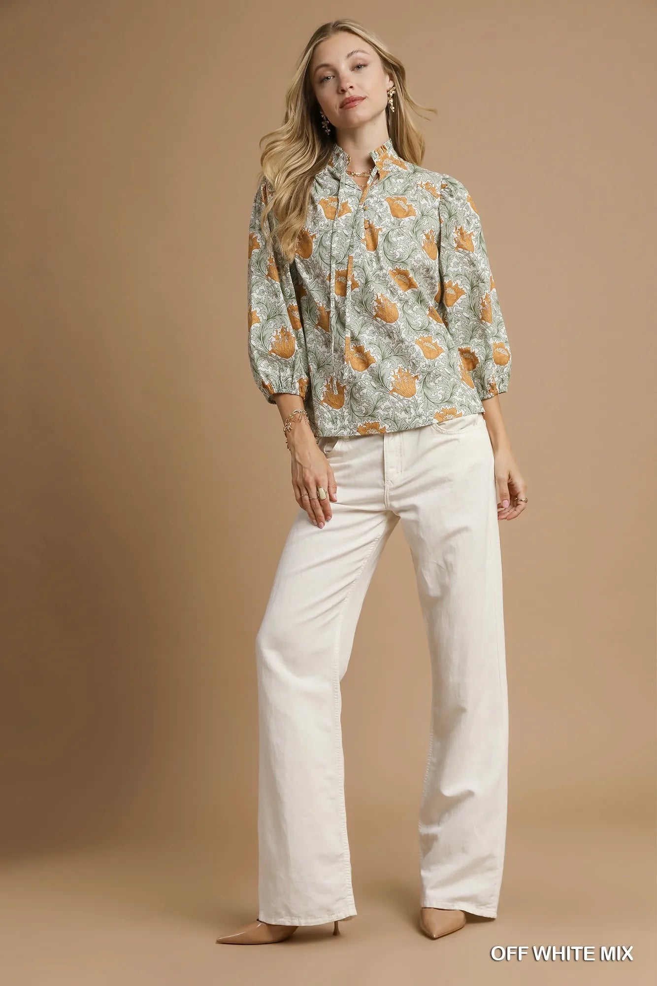 Umgee Floral Print Tie Neck 3/4 Sleeve Blouse
