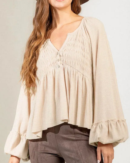 Notched Balloon Sleeve Peplum Blouse Tan