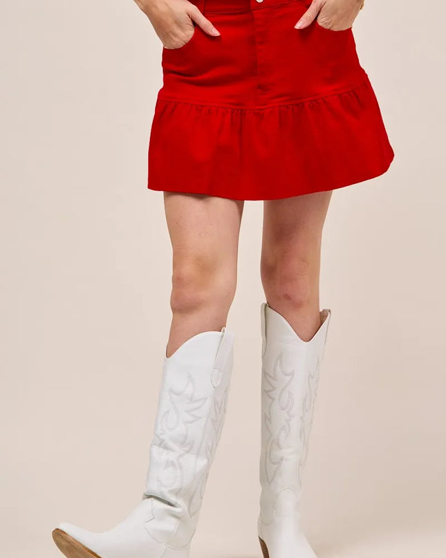 SO ME Ruffled Hem Game Day Mini Skirt RED