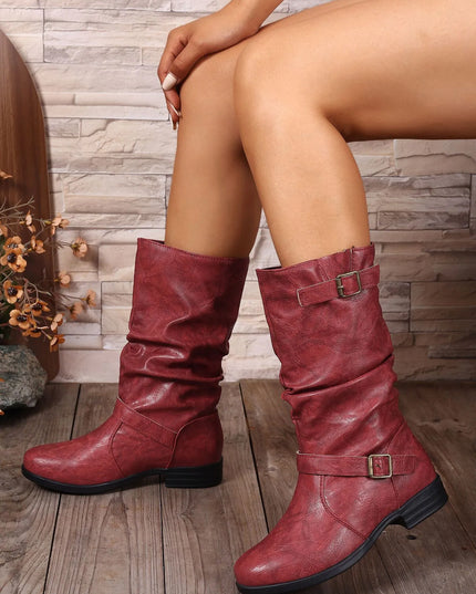 Round Toe Boots with Buckle Details Red
