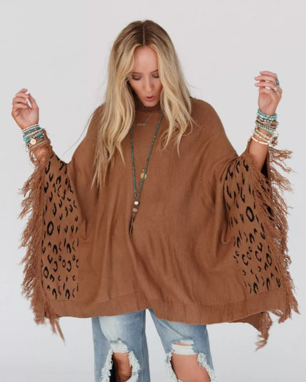 Fringe Leopard Mock Neck Batwing Sleeve Knit Top