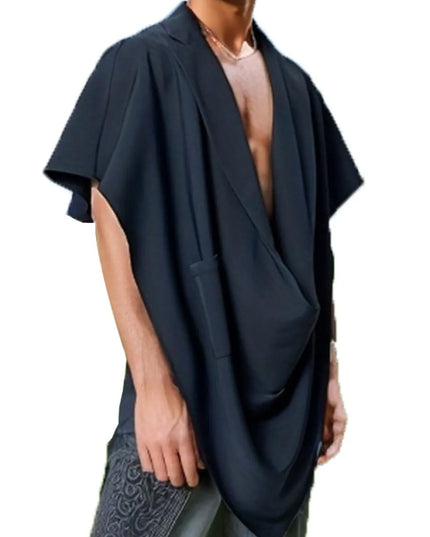 Men's Full Size Pocket Patched Draped Asymmetrical Hem Cape Plus Size Navy