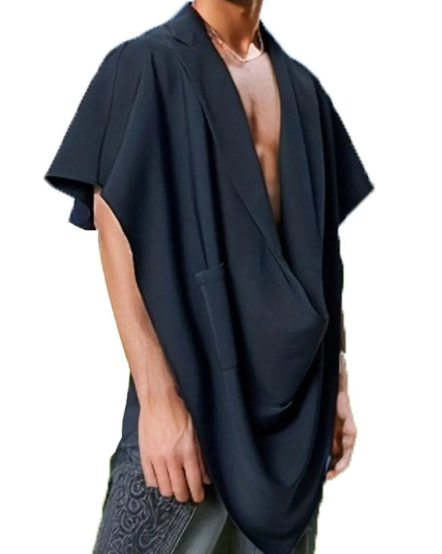 Men's Full Size Pocket Patched Draped Asymmetrical Hem Cape Plus Size Navy