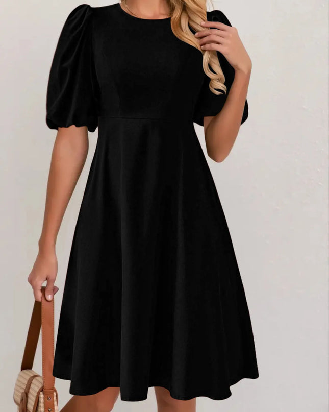 Round Neck Puff Sleeve A-Line Dress Black