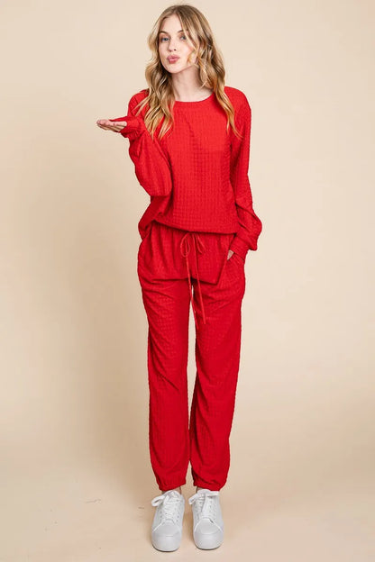 Super Lady Full Size Crinkle Check Round Neck Top and Pants Lounge Set Red