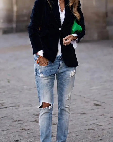 One Button Lapel Collar Long Sleeve Blazer