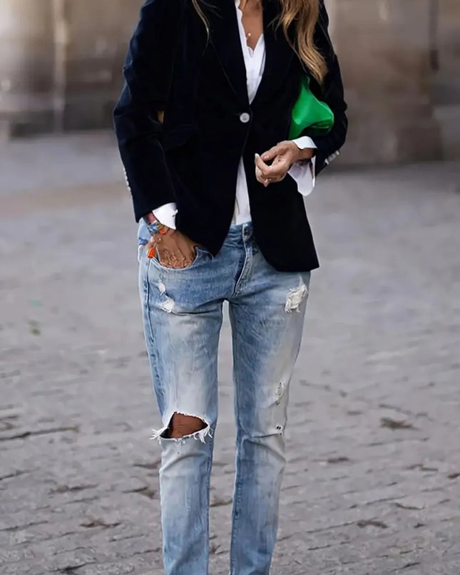 One Button Lapel Collar Long Sleeve Blazer