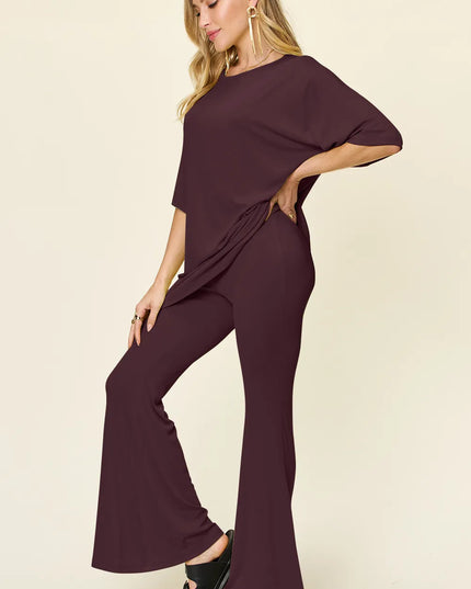 Double Take Full Size Round Neck Drop Shoulder T-Shirt and Flare Pants Set