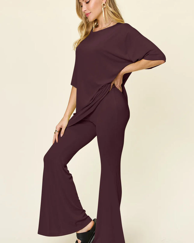 Double Take Full Size Round Neck Drop Shoulder T-Shirt and Flare Pants Set