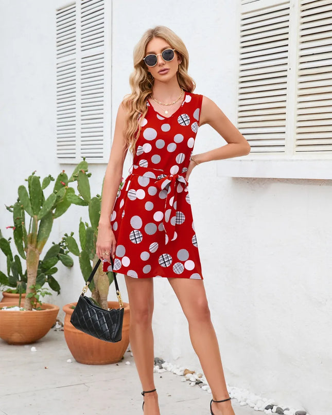 Tied Polka Dot V-Neck Dress