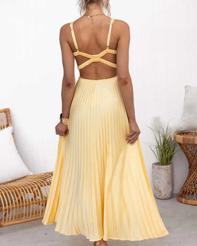Pleated V-Neck Sleeveless Maxi Dress