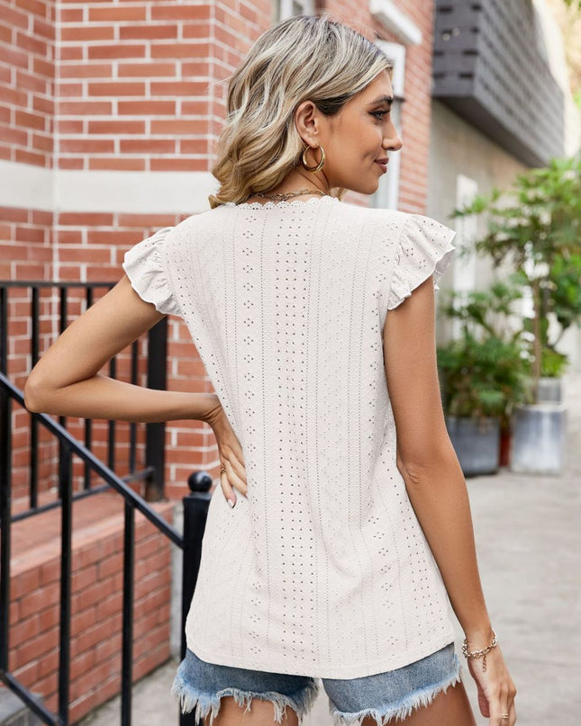 Eyelet Flutter Sleeve Scalloped V-Neck Top
