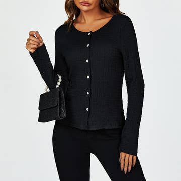 Button Down Ruched Stretch Long Sleeves Top in Black