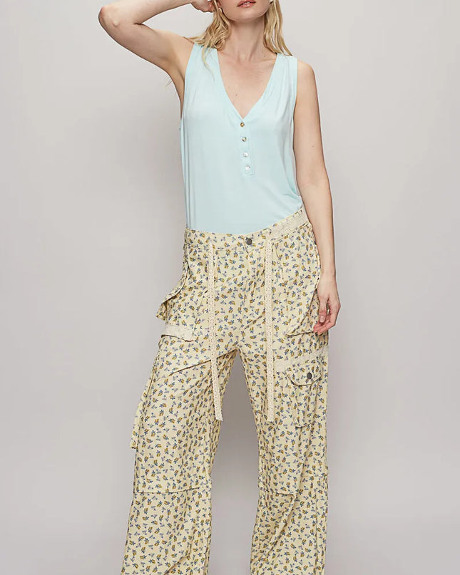 POL Floral Cargo Wide Leg Pants with Lace Drawstring