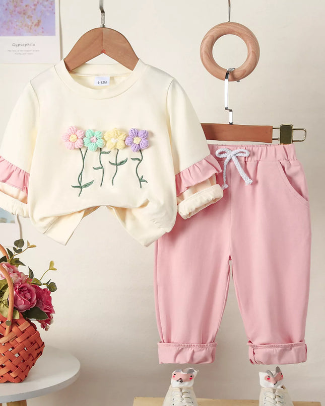 Children's Flower Long Sleeve Top and Pants Set Dusty Pink
