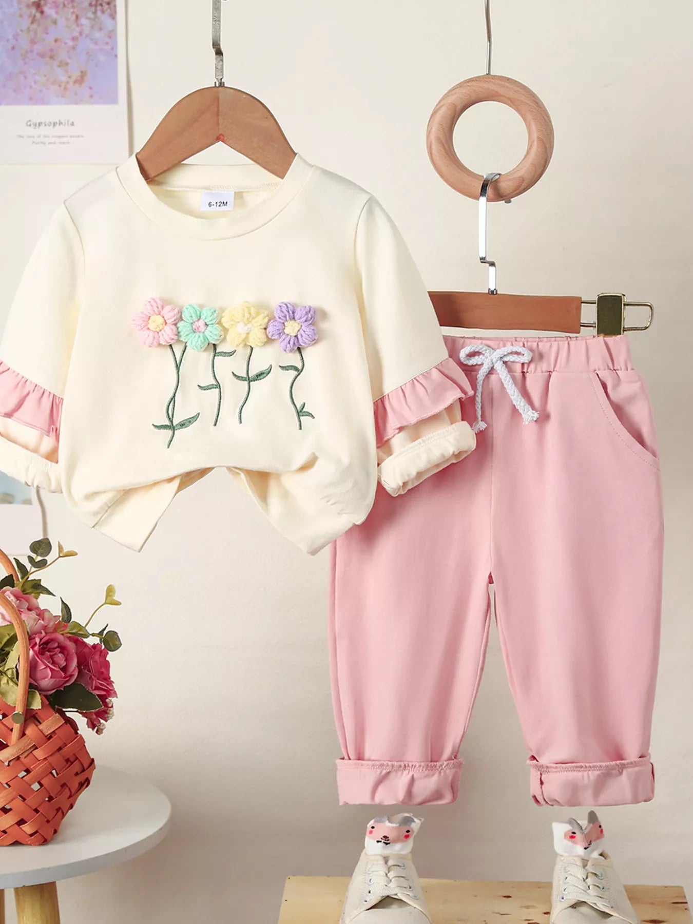 Children's Flower Long Sleeve Top and Pants Set Dusty Pink