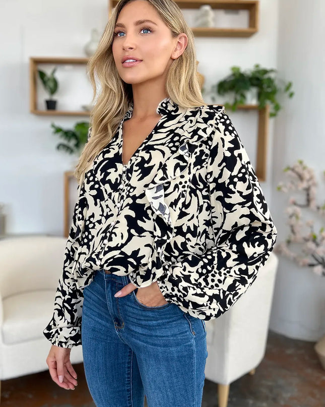 Double Take Full Size Printed Ruffle Trim Balloon Sleeve Shirt