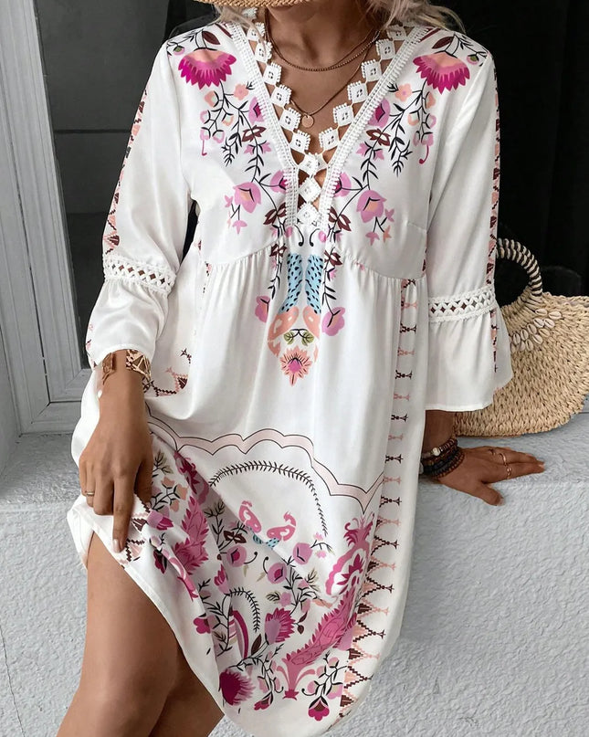 Lace Detail Printed Three-Quarter Sleeve Dress