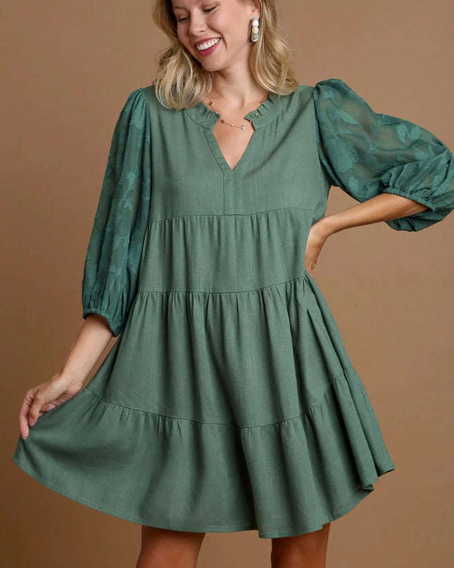 Umgee Floral Contrast Sleeve Tiered Dress LAGOON