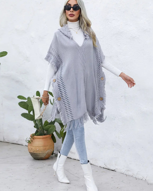 Fringe Trim Buttoned Hooded Poncho
