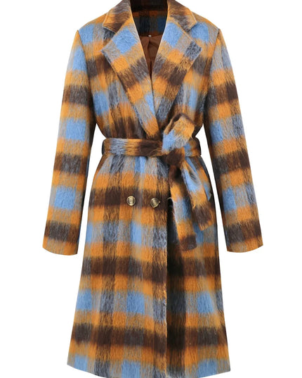 Tied Plaid Collared Neck Coat
