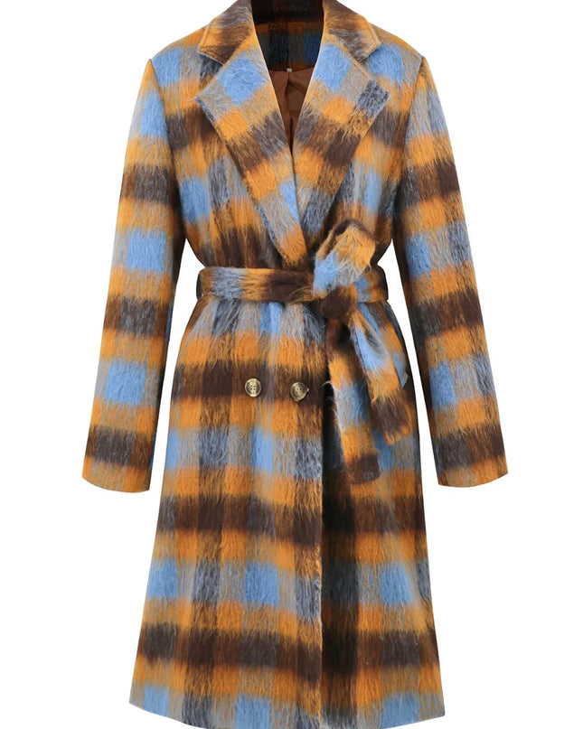 Tied Plaid Collared Neck Coat