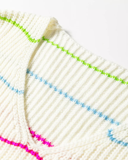 Colorful Striped Detail V Neck Drop Shoulder Baggy Sweater