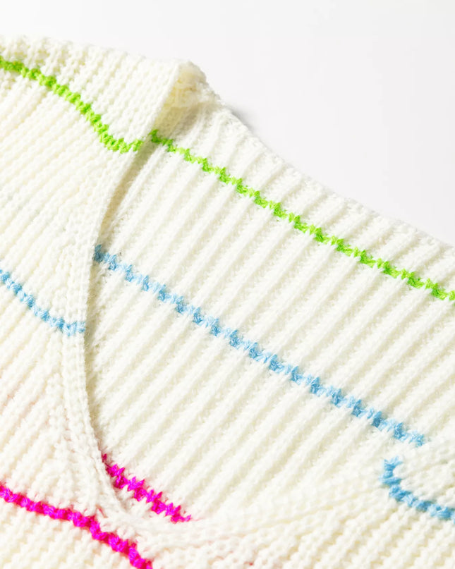 Colorful Striped Detail V Neck Drop Shoulder Baggy Sweater