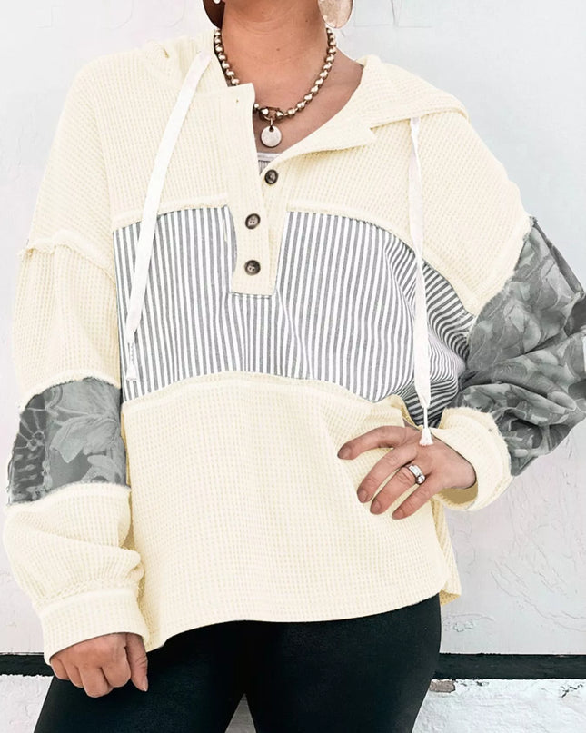 Waffle Knit Striped Drawstring Hoodie Cream