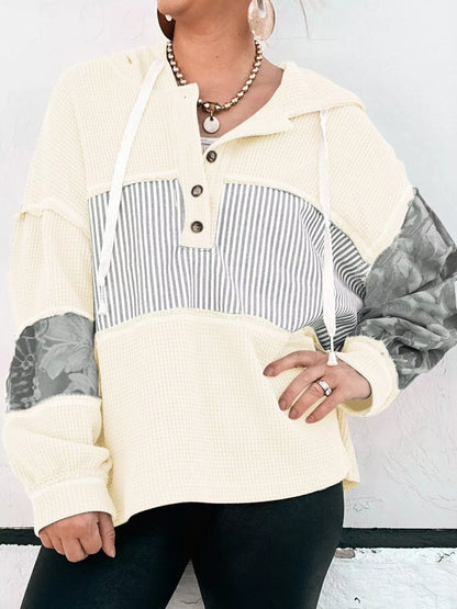 Waffle Knit Striped Drawstring Hoodie Cream