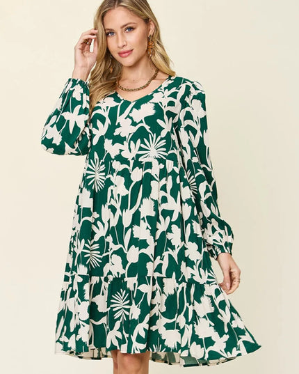 Double Take Full Size Printed Ruffle Hem Dress with Pocket Dark Green
