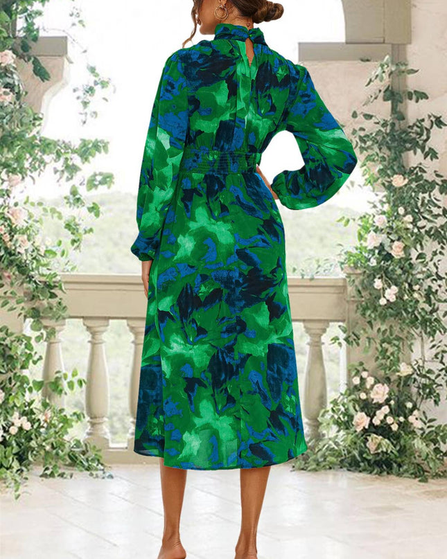 Abstract Floral Print Long Sleeve Midi Dress in Green