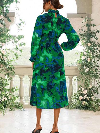 Abstract Floral Print Long Sleeve Midi Dress in Green