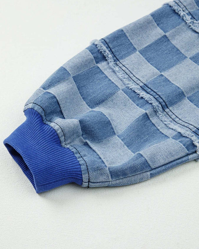 Checkerboard Splicing Raw Detail Oversized Denim Top