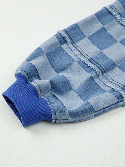 Checkerboard Splicing Raw Detail Oversized Denim Top